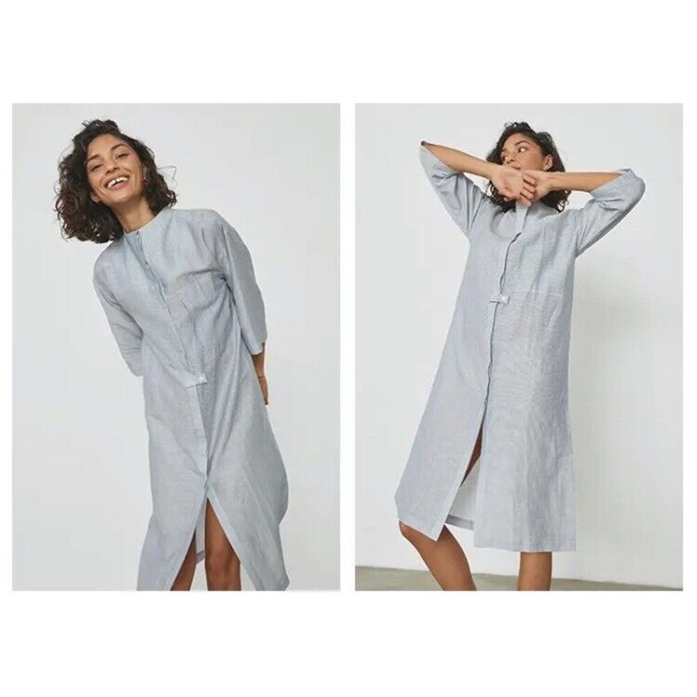 Lunya Linen Silk Long Tunic Robe Striped White Blue Size Small New without tags